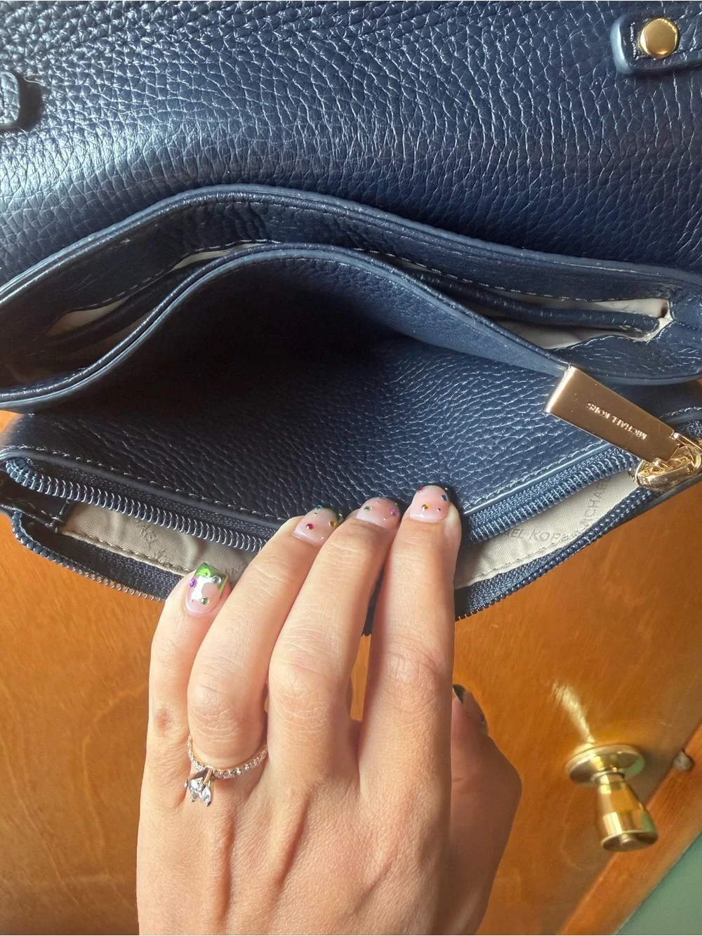 Michael Kors Navy Leather Crossbody with Gold Chain Strap